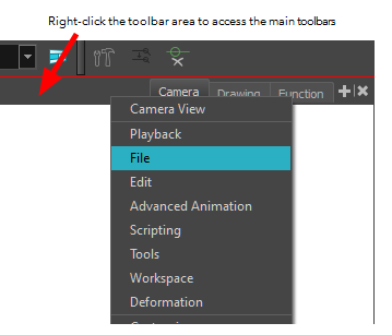 How to display the top toolbar menu in Toon Boom Harmony